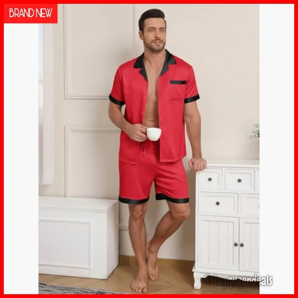 Men's Satin Silk Pajama Set Short Sleeve Button Down with Pockets